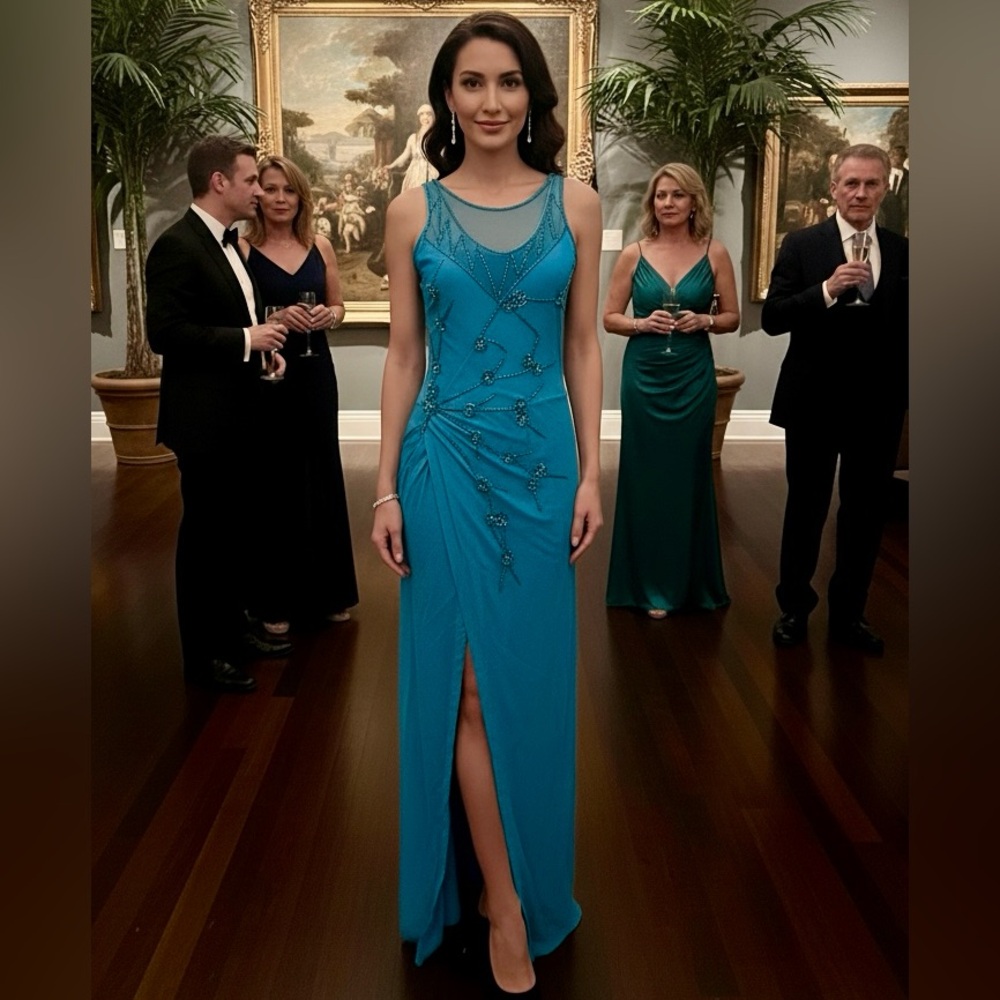 Elegant turquoise hand beaded Evening Gown